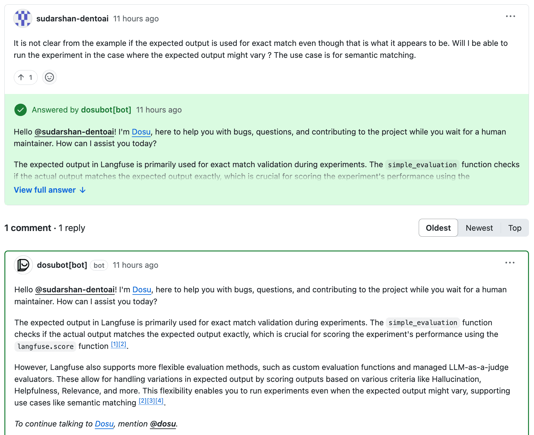 Example Dosu resolving a thread in GitHub Discussions
